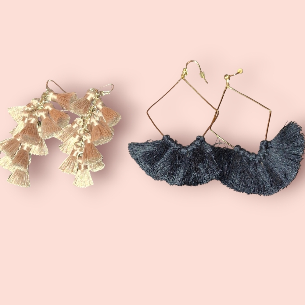 Fringe tassel bohemian earrings black and beige